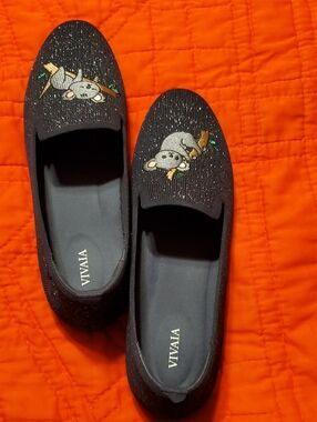 VIVAIA Dark Navy Glitter Slip-On Flats with Koala Embroidery